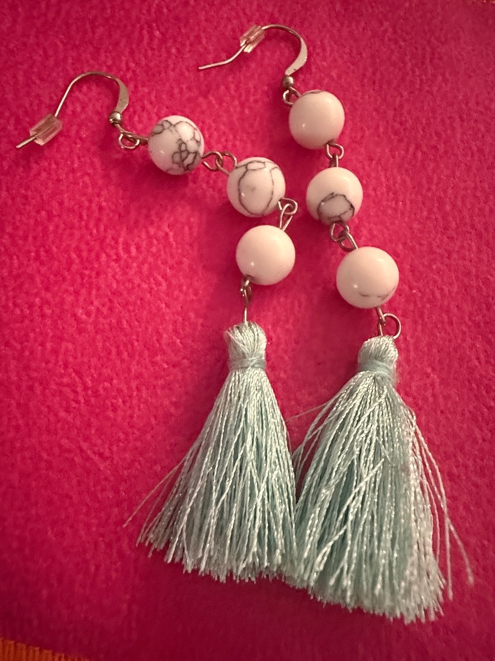 Light Blue Tassel and Marble Bead Drop Earrings -